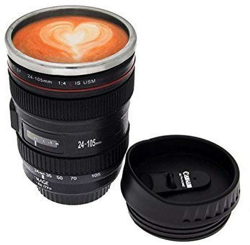 Camera Lens Coffee Mug | Steel Insulated Travel Tea Cup, Thermos Flask 400 ML, Black.