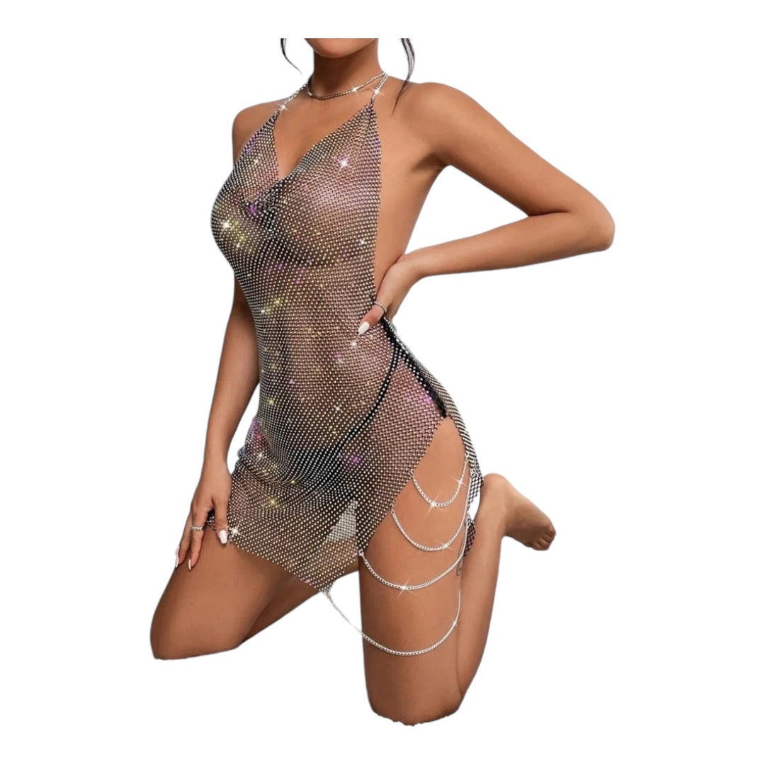 Sparkly Rhinestone See Through Mesh Dress