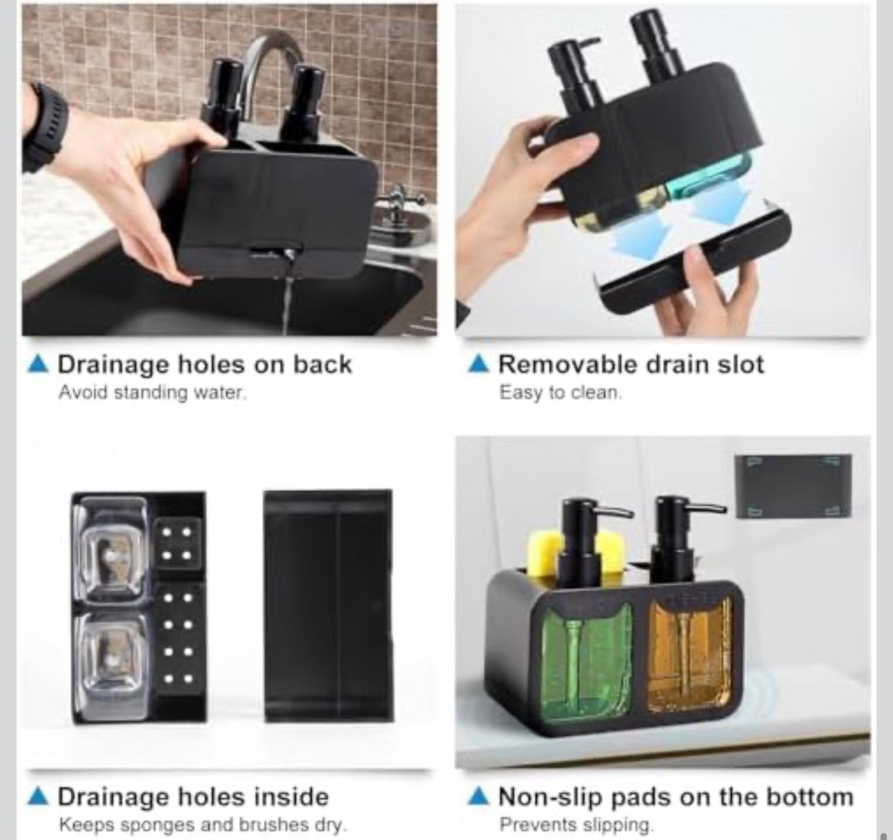 MHome Kitchen Soap Dispenser Set, with Hand and Dish Soap, Sponge Caddy and Brush Holder 4-in-1 Kitchen Dual Soap Dispenser Set for Kitchen Sink, Bathroom - Black or White