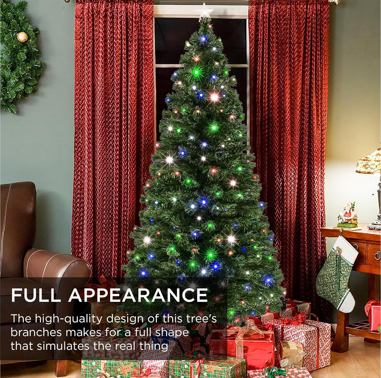 MHome Christmas Tree Pre-Lit Fiber Optic Artificial Pine Christmas Tree,Multicoloured LED Lights & Stand-Various Options