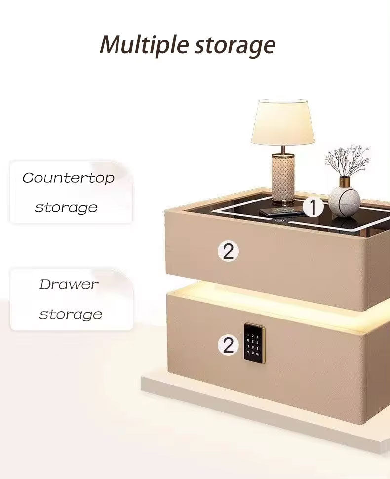 Nordic style smart bedside cabinets with wireless charging, Bluetooth speaker, LED strip, and secure password lock drawer-Available In Various Colours PreOrder Sales Now Available!