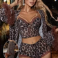 Women's Leopard Print Pajamas Lace Bustier Top and Shorts with Bow Robe Sleepwear 3pc