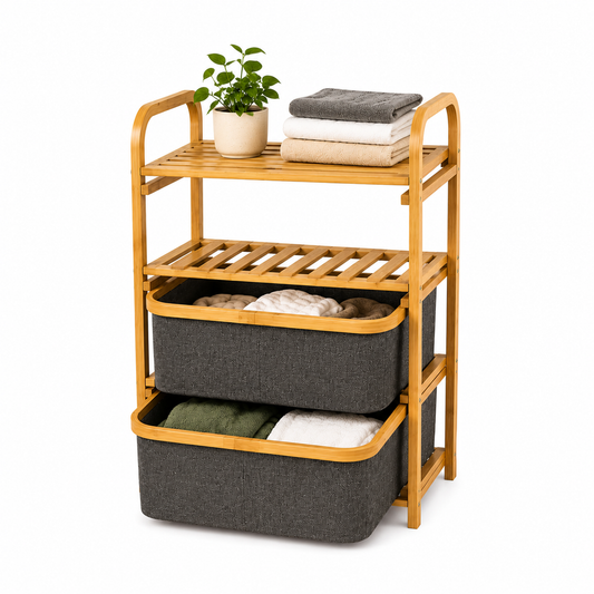 MHome Bamboo 2-Tier Laundry Shelf with Pull-Out Hampers