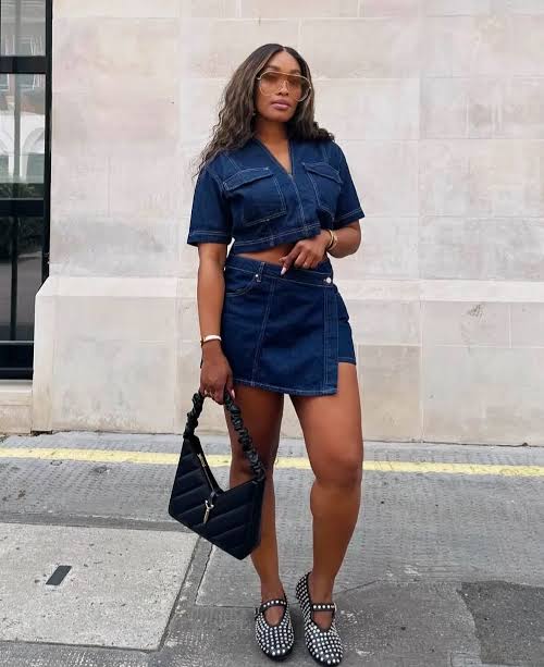 Ladies Cropped Denim Top/Skirt 2pc
