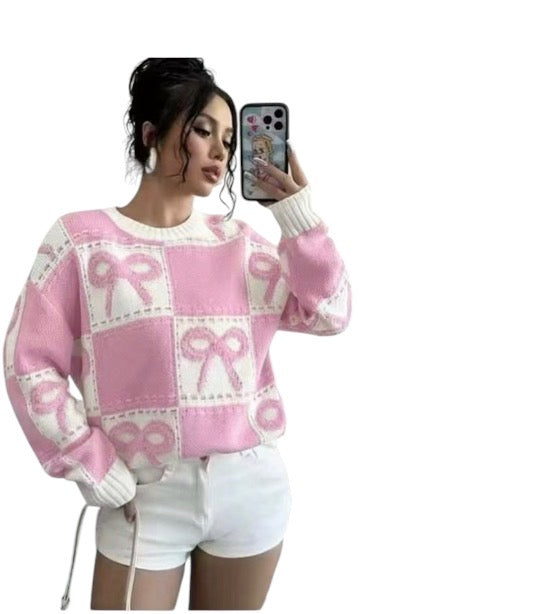 Ladies Coquette-Aesthetic Checkered Bow Knit Sweater-Various Colours