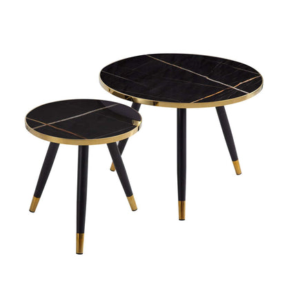 MFurn 2pc Round Modern Coffee Table Set – Black/White with Gold Trim