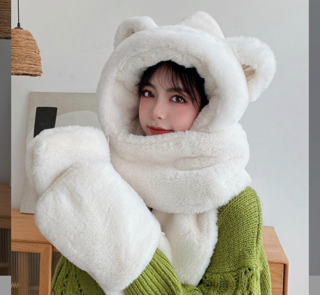 Ladies Plush Hat, Autumn And Winter Scarf, Hat And Gloves All-in-one Adult Ladies Style
