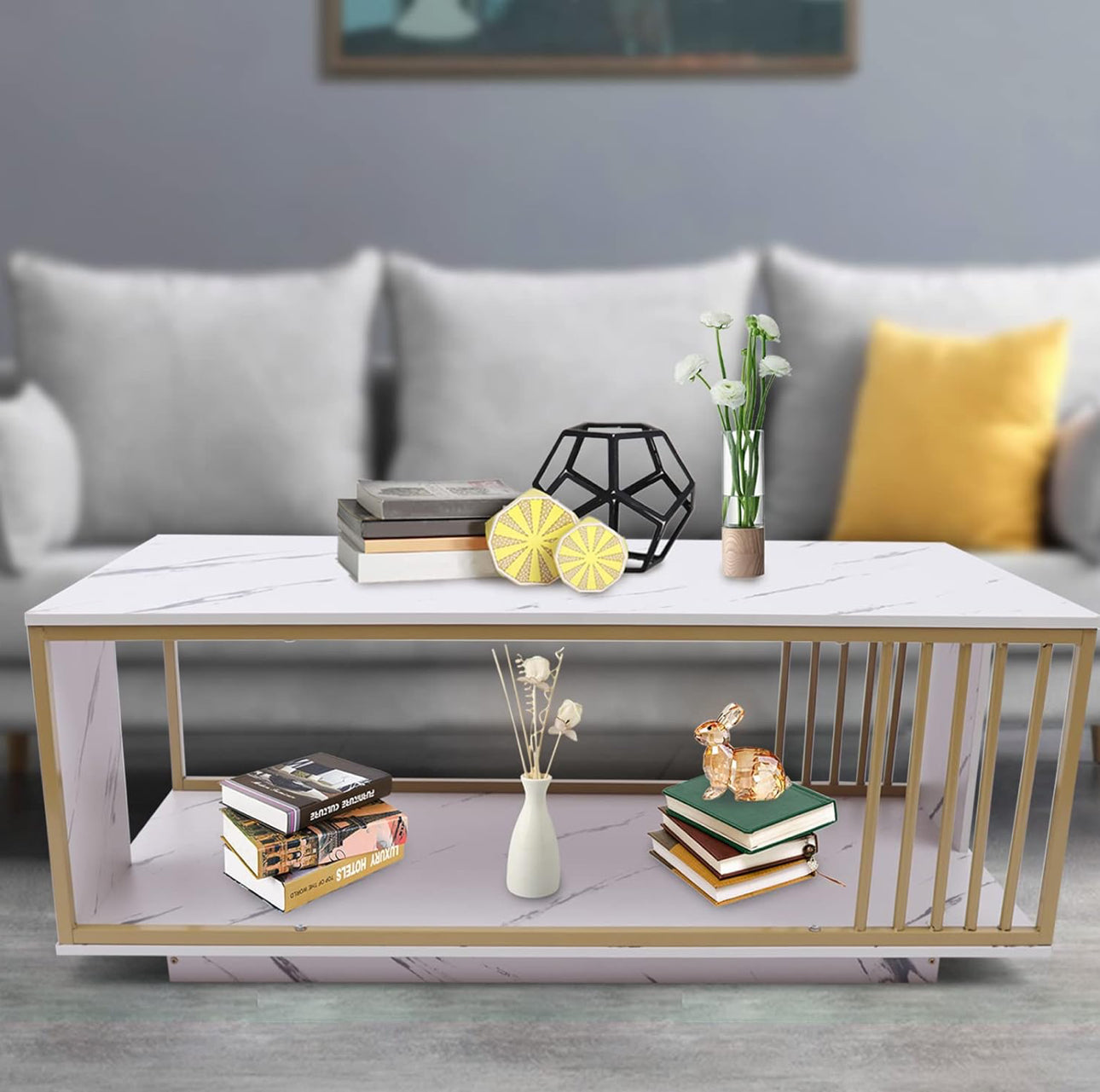 MFurn Nordic 2-Tier Storage End Table – Rectangular Coffee Table with Gold Frame