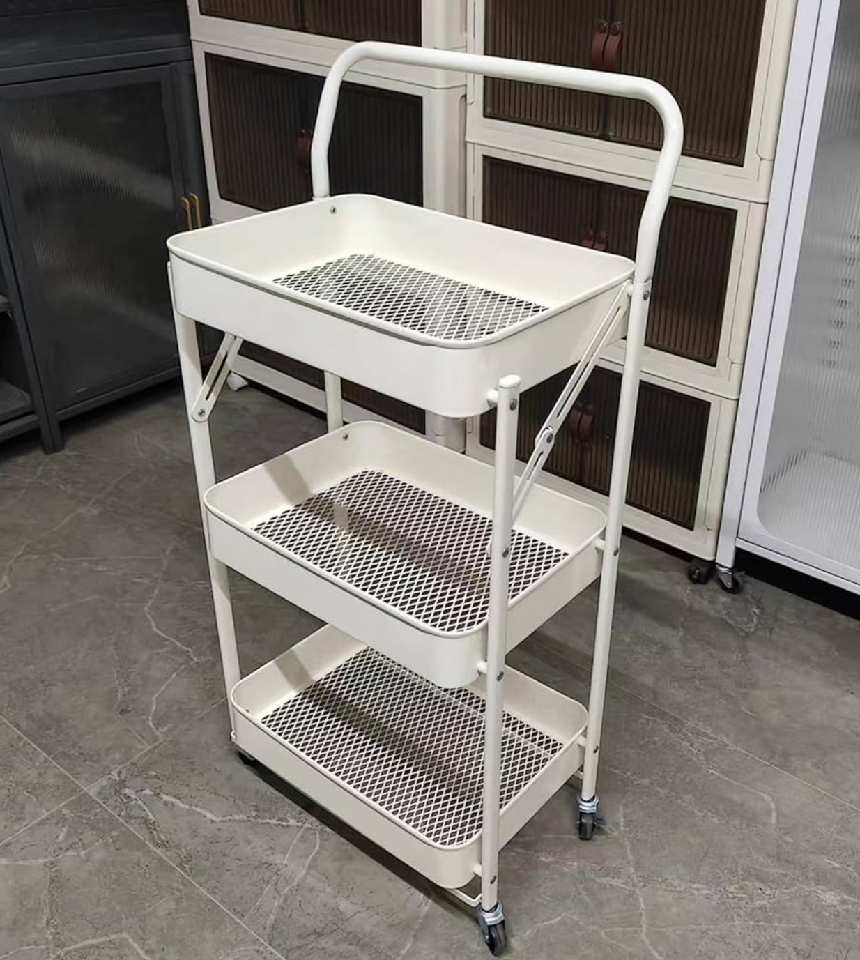 MHome 3-Tier Foldable Metal Kitchen Trolley – Utility Shelf on Wheels