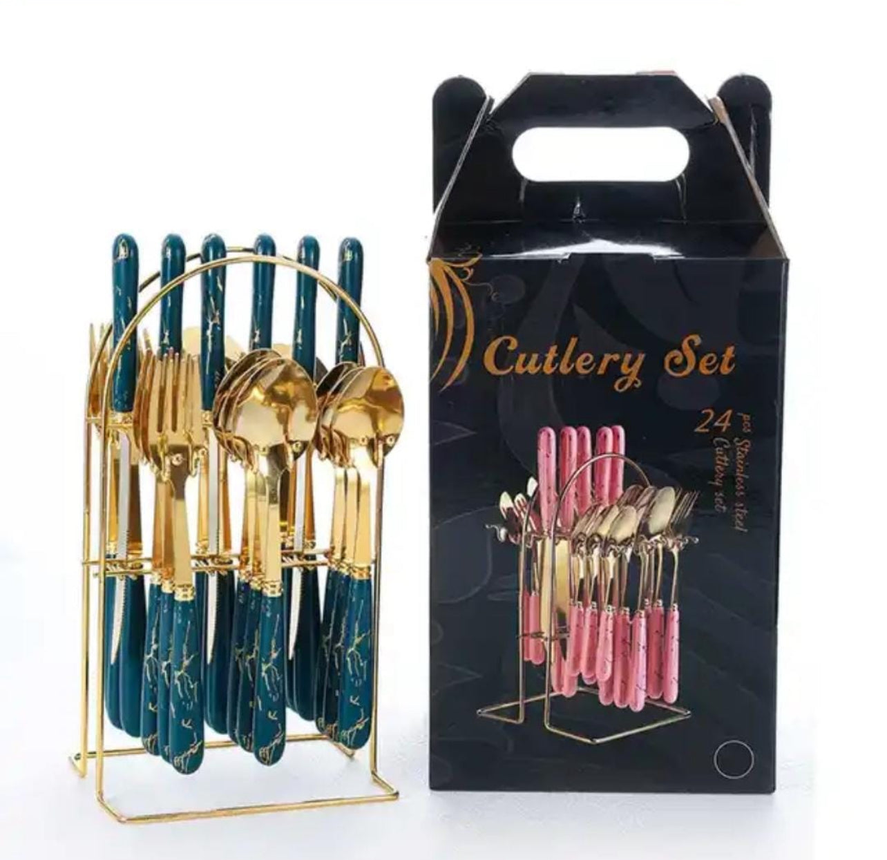 Classic 24 Piece Gold With Marble Handle Dinner Cutlery Set - Various Colour Options
