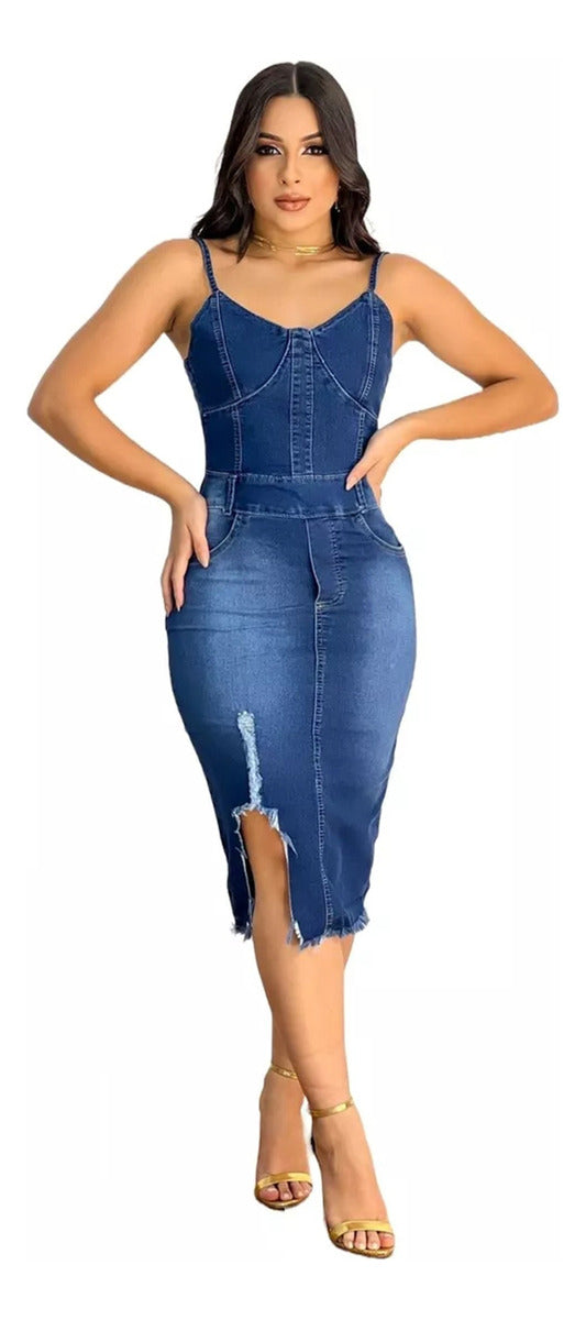 Ladies Denim Dress, Medi Length With Frayed Hem