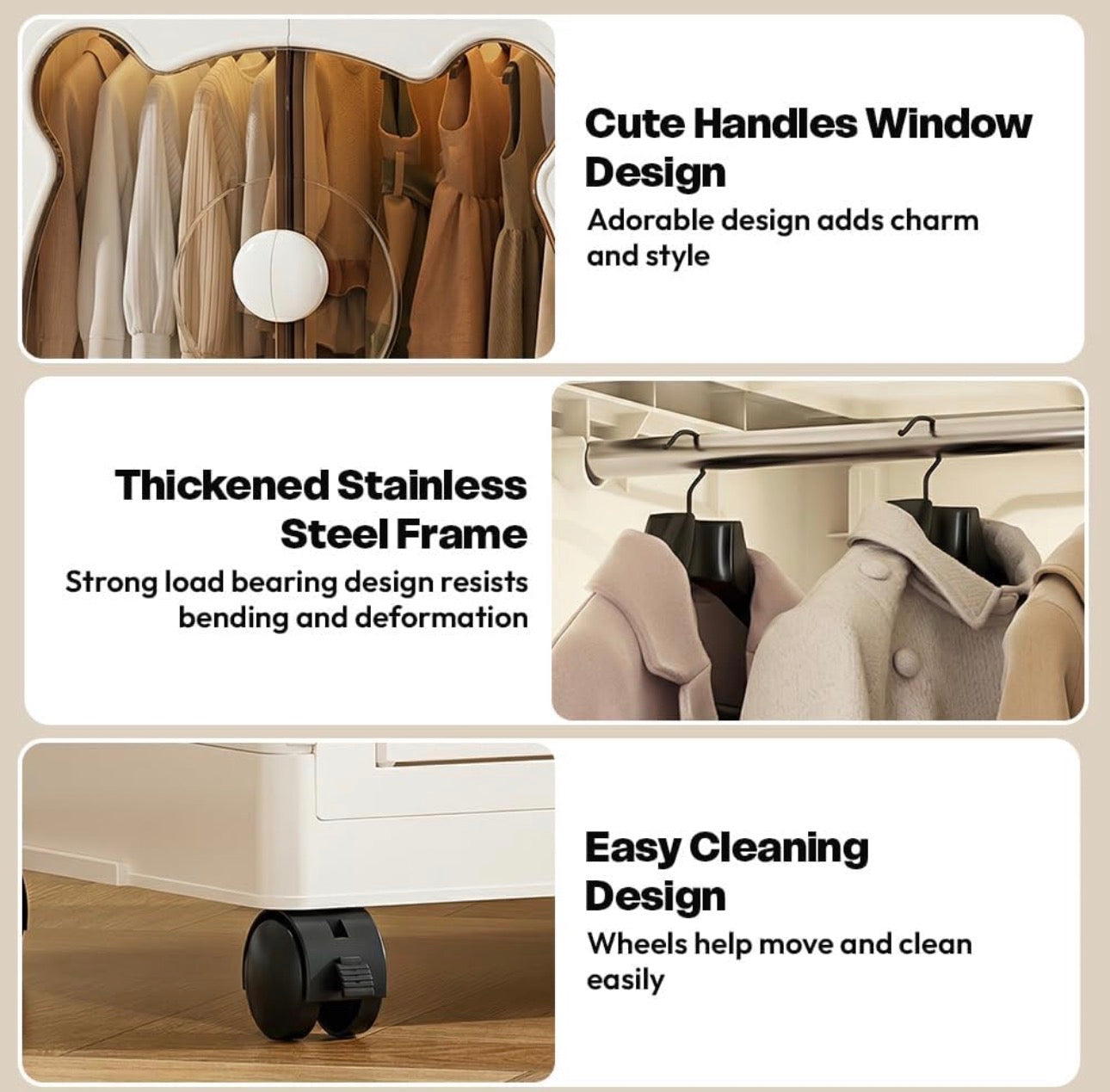 MHome  Kids Bear Wardrobe/Multifunctional Collapsible Plastic Wardrobe for Kids- Storage Cabinet – Dustproof Organizer for Baby Clothes, Toys & Books with Wheels & Hangers- Beige/Various Sizes