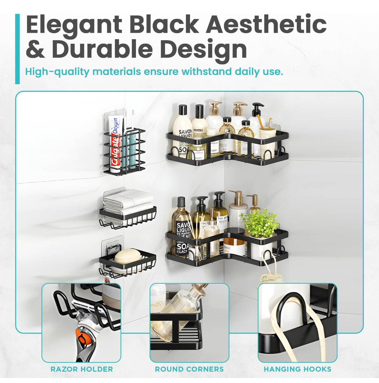 Corner Shower Caddy, Stainless Steel Shower Organizer Shelf with Soap Holder, Bottle Holder & Hook Wall-Mounted Shower Shelves with 16 Hooks, Bathroom Shower Rack (Black) 5pc