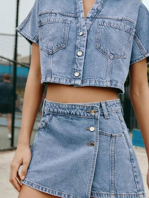 Ladies Cropped Denim Top/Skirt 2pc