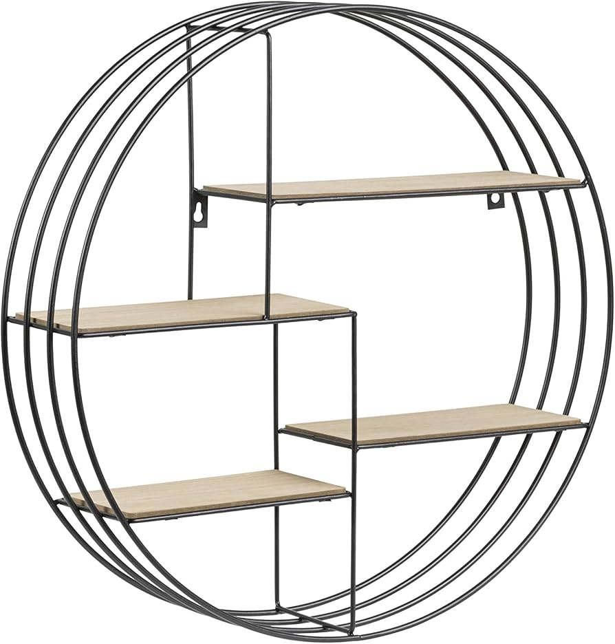 MHome Industrial Style Round Floating Shelf | 4 Shelves Wall Mounted Storage Shelf for Living Room Bedroom Office Decoration | MDF Shelving unit | Display Rack