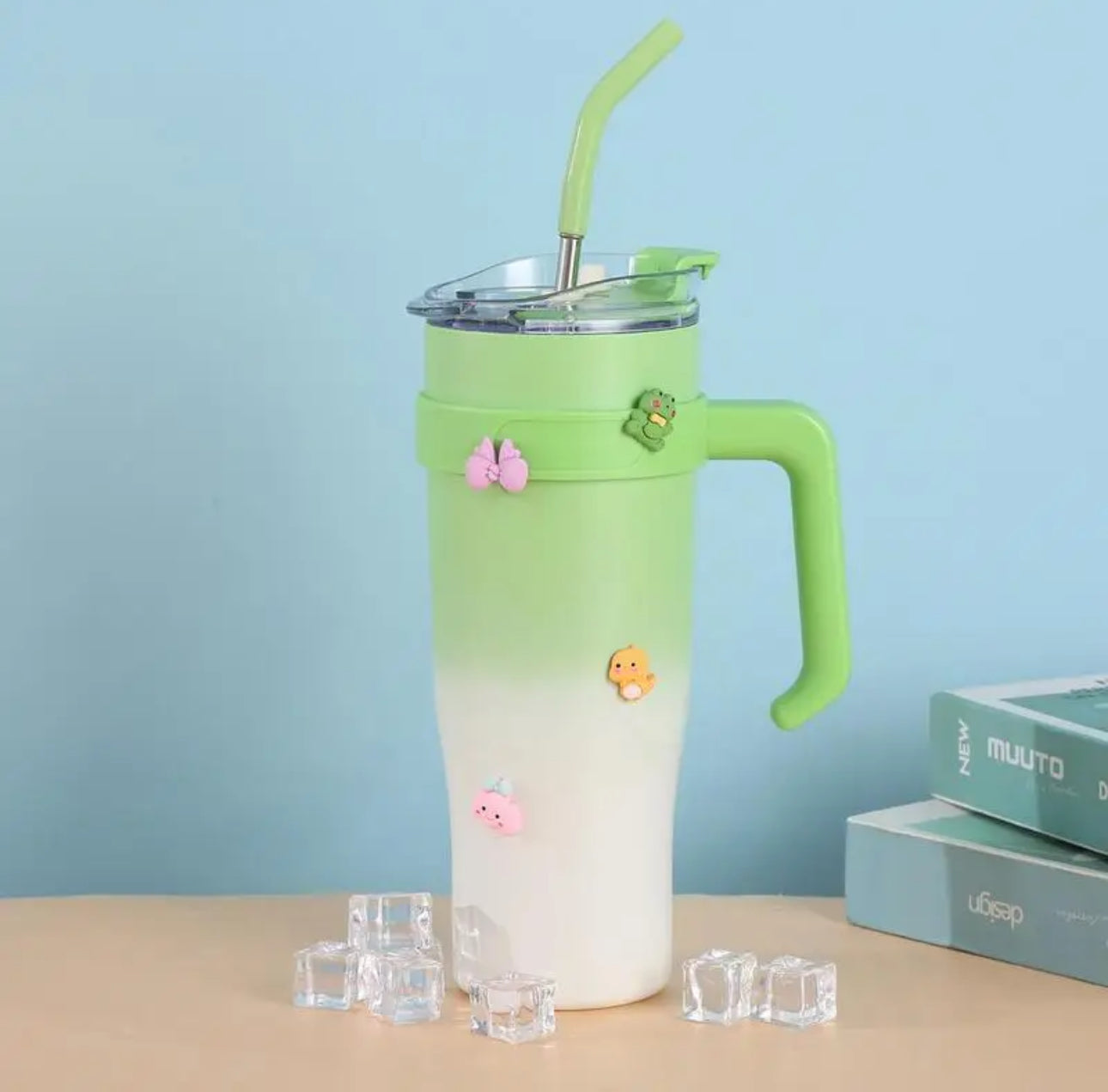 Stainless Steel Tumbler with Handle and Straw with Gold Spoon-Various Colours