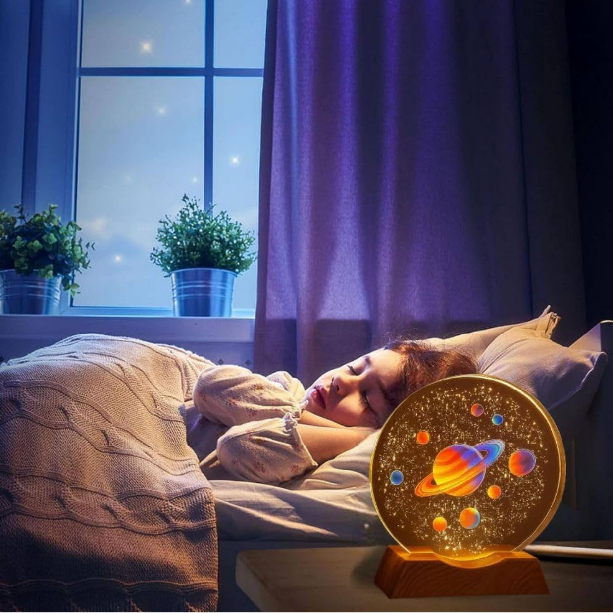MTech 3D Acrylic Planets Crystal Ball Night Lamp With Wooden Base – USB LED Table Light
