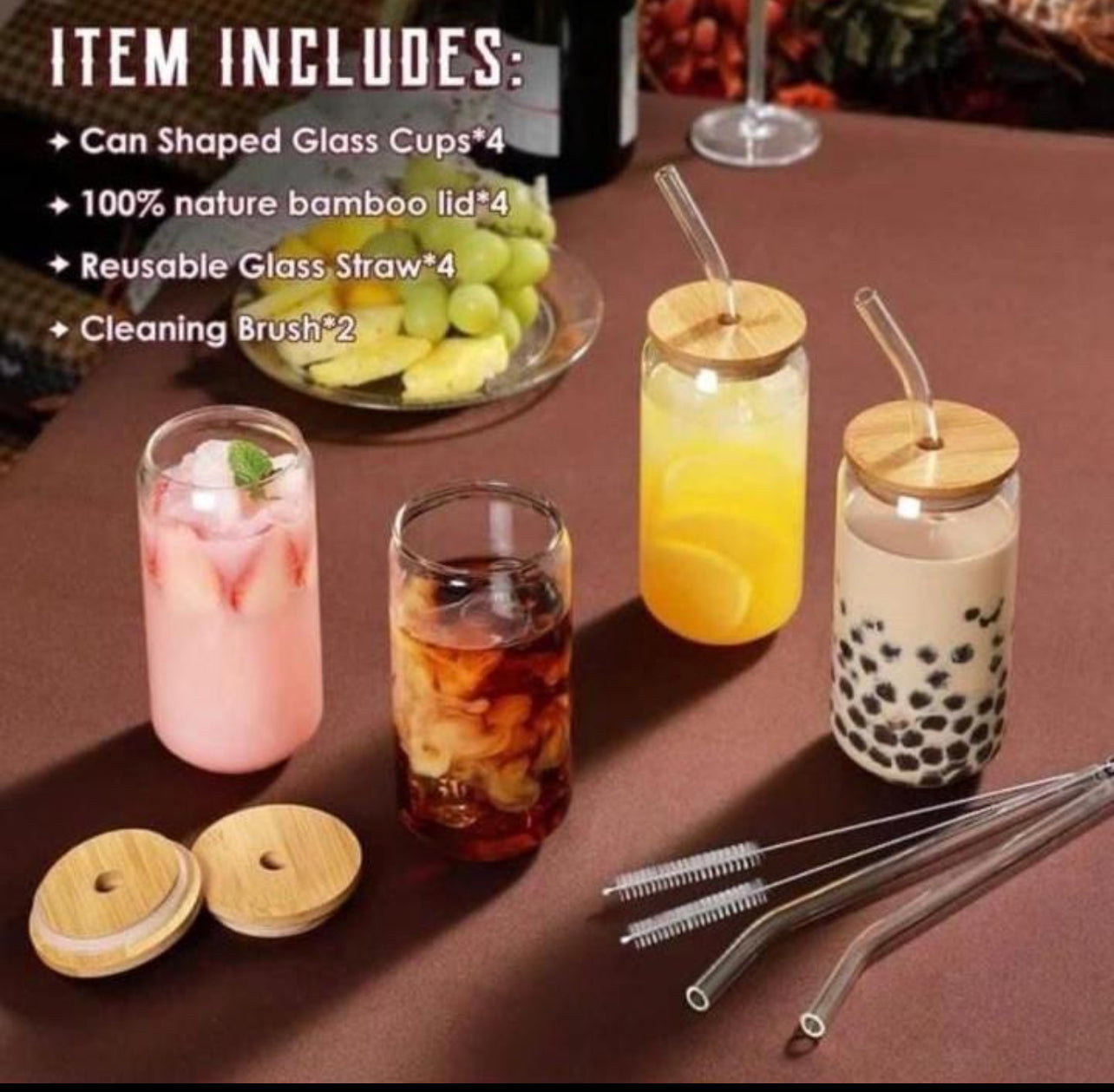 MHome 4-Piece Drinking Glass Set with Bamboo Lids & Glass Straws (380ml)