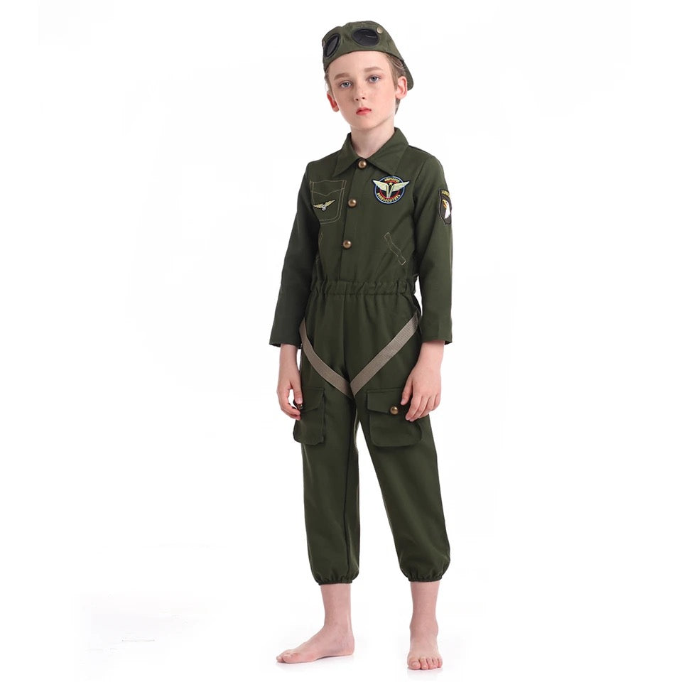 Kids Air Force Fighter Costume Children Pilot Jumpsuit Carnival Party Cosplay Roleplay Costumes Dress Up for Boys Girls Unisex