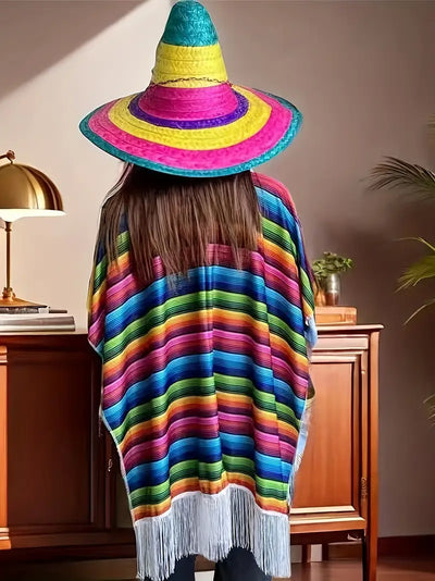 Multi Colour Adults Mexican Poncho & Sombrero Costume Hat