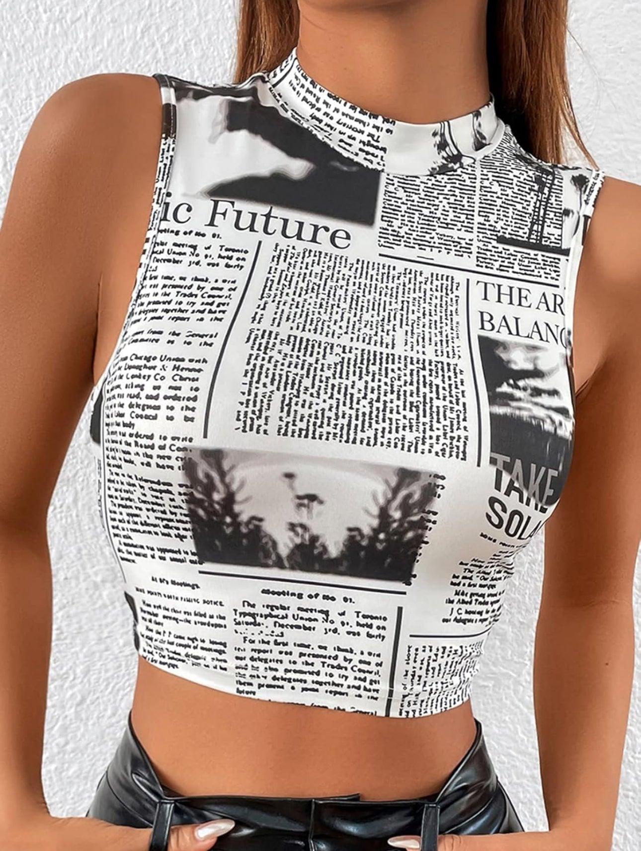 Ladies Newspaper Print Mock Neck Crop Tank Top Various Options