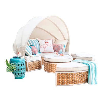 MFURN Rattan Sun Island with Foldable Sun Canopy, Polyrattan Lounge Set Including Cushions & Height-Adjustable Coffee Table, Outdoor Sun Lounger, Garden Lounger, for Garden, Patio, Porch-Pre-Order Sales Now Available