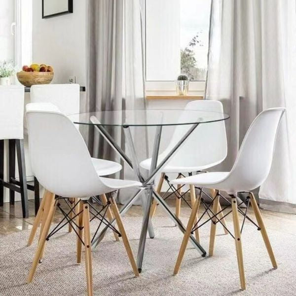 MFurn Round Table+Four Eames Style Chairs ,Glass Table Top Dining 5pc Set