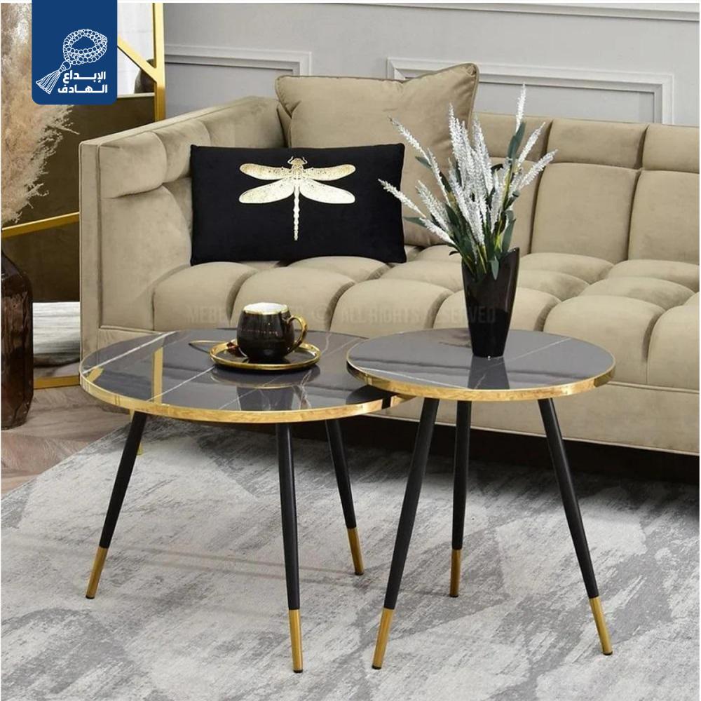 MFurn 2pc Round Modern Coffee Table Set – Black/White with Gold Trim