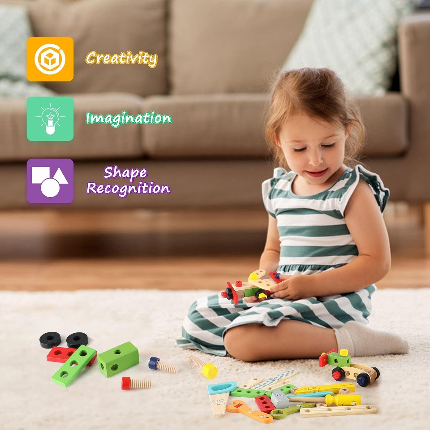 34 Pcs Wooden Tool Kit for Kids | Pretend Play Construction Toy Set | Montessori Educational Building Toy Set