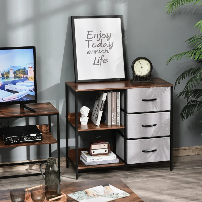 MFURN Narrow Fabric Chest of Drawers, Fabric Dresser with 3 Folding Drawers, 3 Open Shelves and Wide Top, Dresser for Bedroom, Living Room and Hallway, Walnut, Light Gray & Dark Gray Options