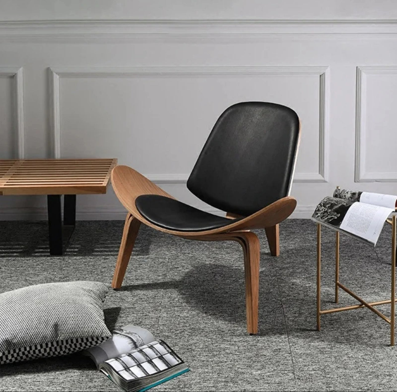Three-Legged Shell Chair Mid Century Modern Lounge Chair with Black Leather Molded Plywood Accent Chair Reading Side Chair for Bedroom, Study, Office, Living Room-PreOrder Sales Available