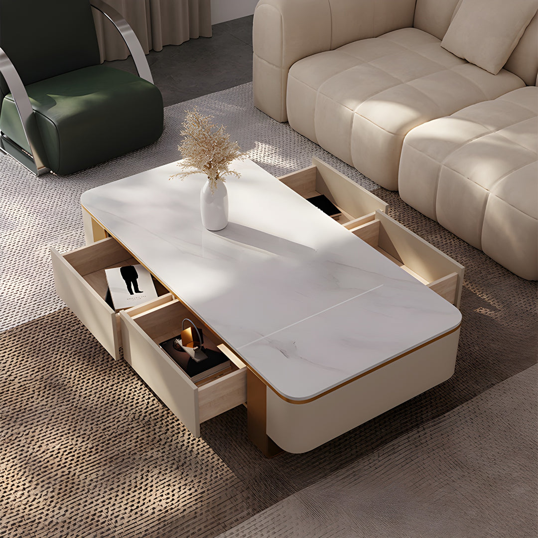 MFurn Marble Top Minimalistic Coffee Table with Storage Drawers