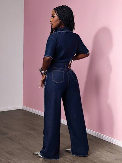 Ladies Chic Denim Cargo Wide Bottom Jean with Cropped Denim Top-Various Sizes