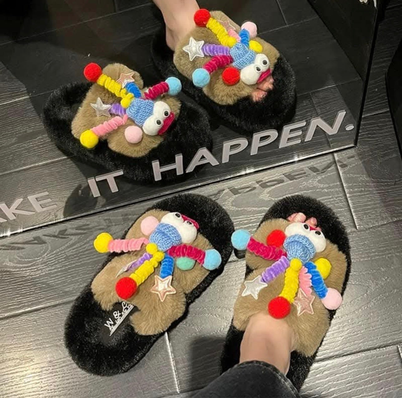 Women Winter Slippers Furry Flip Flops House Shoes Cute Cartoon Theme