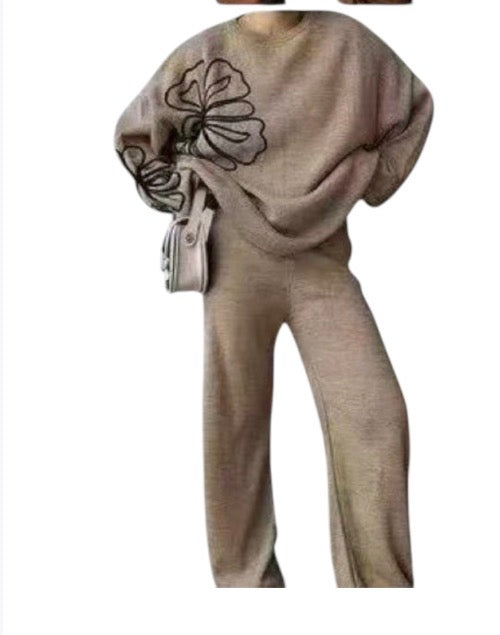 Ladies Floral Embroidery Knitted Loungewear 2pc - Various Colours