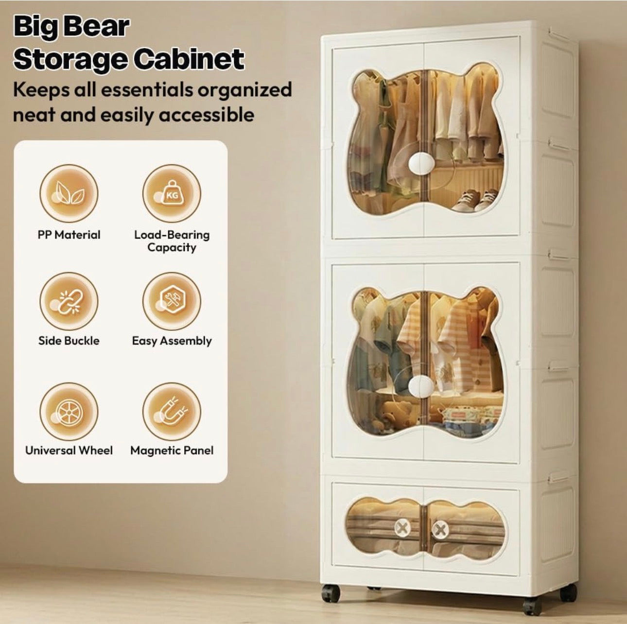 MHome  Kids Bear Wardrobe/Multifunctional Collapsible Plastic Wardrobe for Kids- Storage Cabinet – Dustproof Organizer for Baby Clothes, Toys & Books with Wheels & Hangers- Beige/Various Sizes