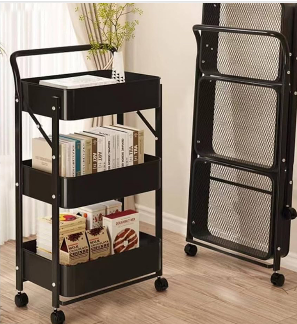 MHome 3-Tier Foldable Metal Kitchen Trolley – Utility Shelf on Wheels