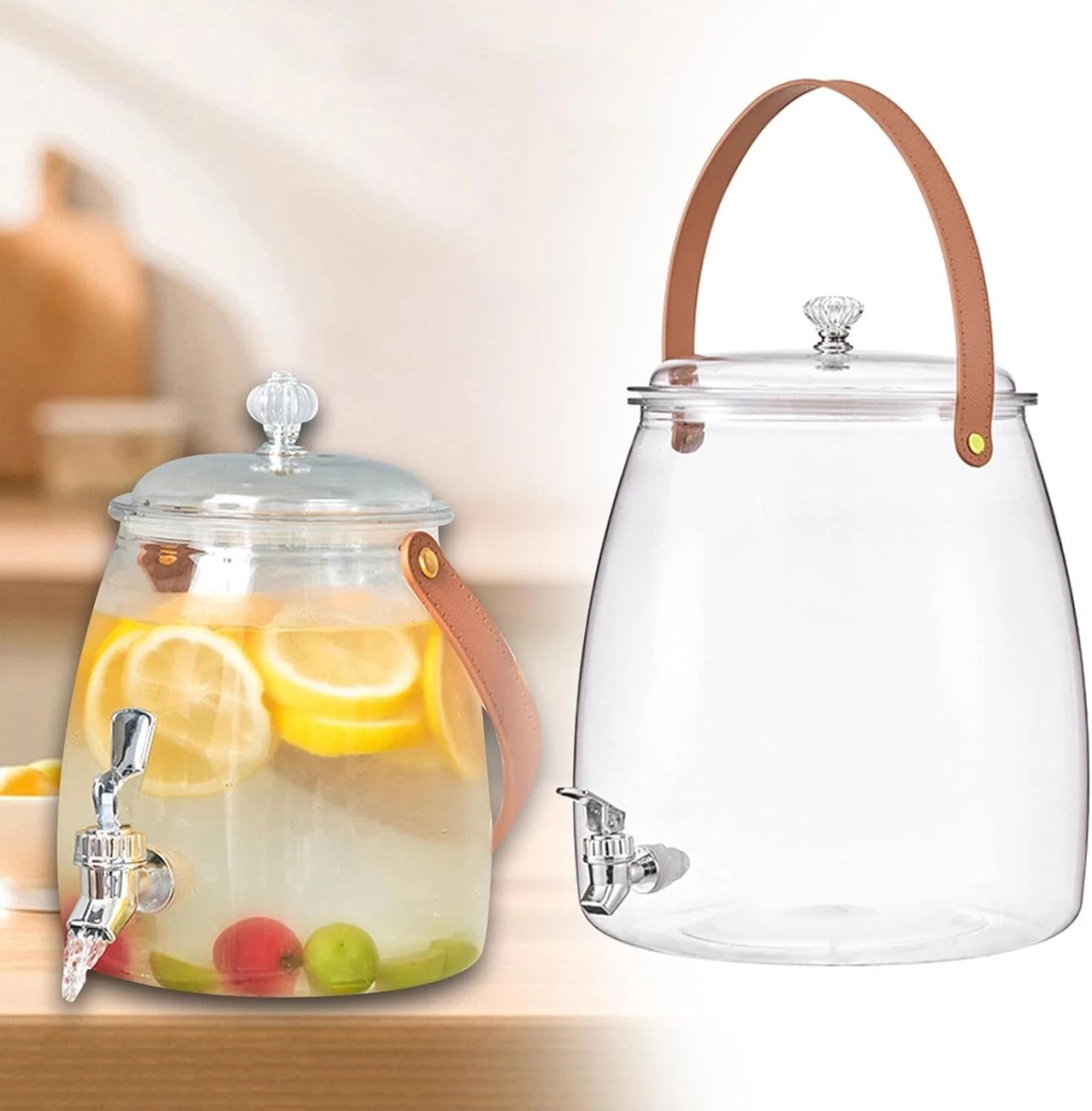 MHome Beverage Dispenser with Tap, Lid & Leather Handle – Clear plastic Dispenser Jar 5.5L