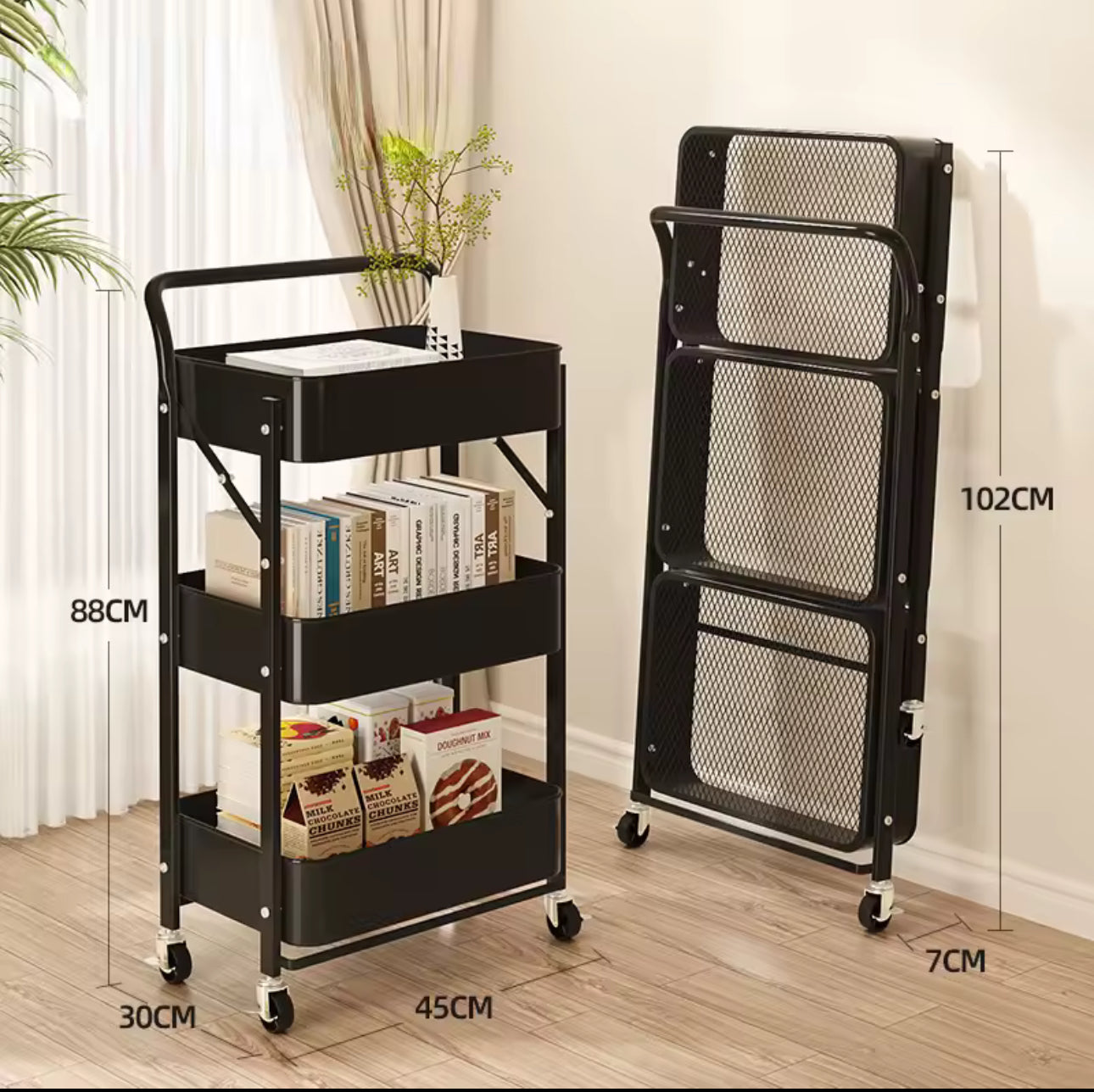 MHome 3-Tier Foldable Metal Kitchen Trolley – Utility Shelf on Wheels