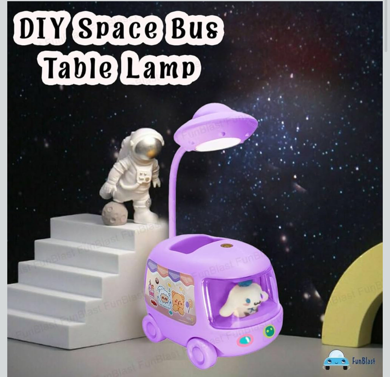 DIY Space Bus Table Lamp-3 in 1 Study Desk LED Lamp and Pen Holder, Stickers with Moving Wheels, USB Rechargeable Desk Lamp-Various Colours