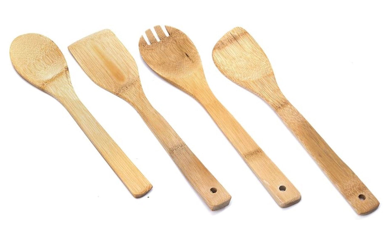 MHome 4 Pieces Pure Bamboo Wooden Solid Turner, Spatula, Slotted Spoon & Spoon Kitchen Essentials Cooking Utensils Tool Set
