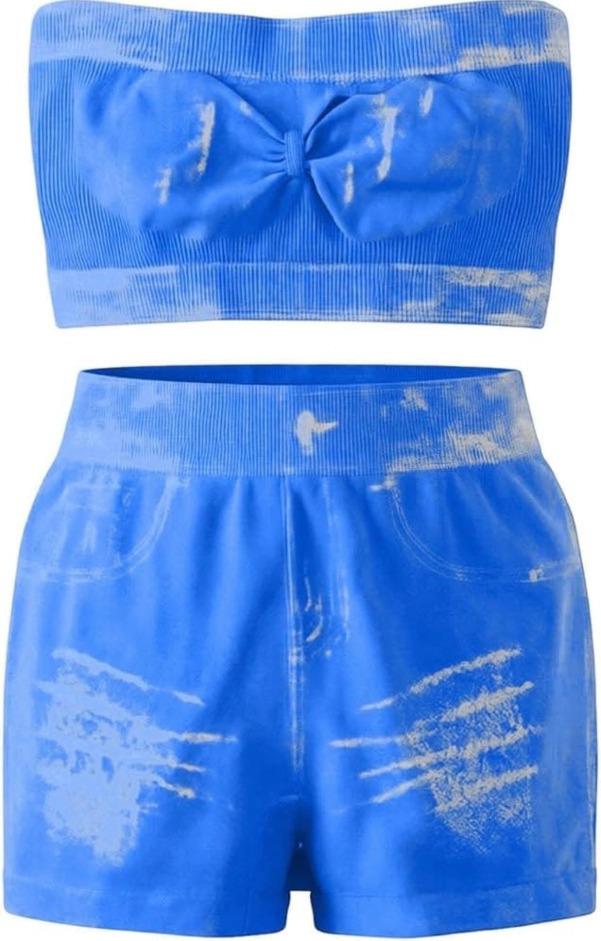 Ladies Two Piece Sets Denim Print Strapless Tops High Waist Tummy Control Biker Shorts Trendy Bodycon Matching Outfits-Various Options