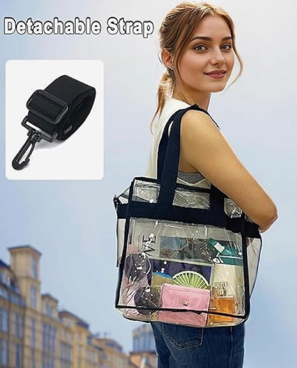 Clear Tote Bag, Stadium Security Approved, See Through Handbag Purse, Transparent Messenger Bag with Zipper Closure Crossbody Shoulder Bag with Adjustable Strap
