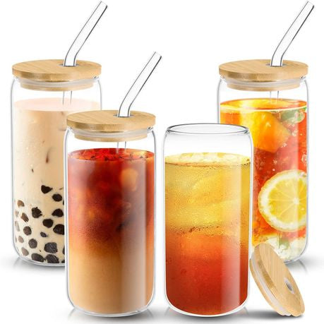 MHome 4-Piece Drinking Glass Set with Bamboo Lids & Glass Straws (380ml)