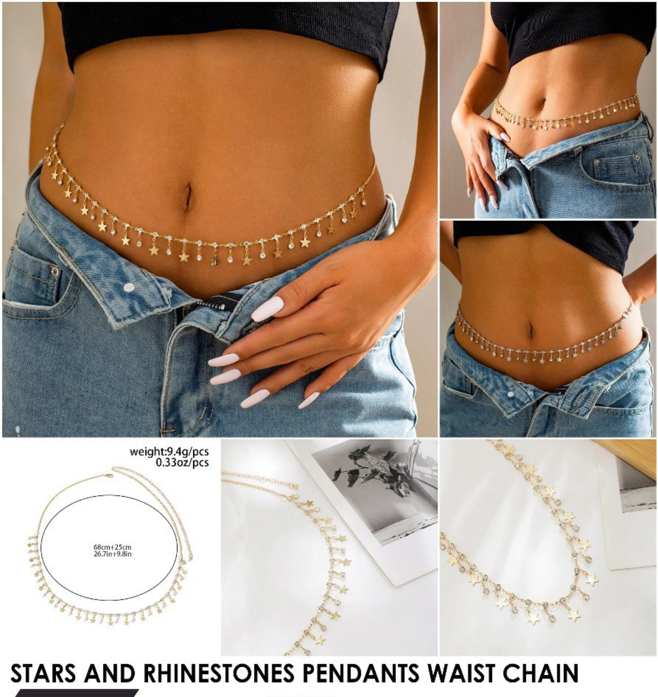 Rhinestone Belly Chain Gold Body Chains for Women Star Waist Chain Crystal Belly Chains for the Waist Star Pendant Body Jewelry Beach Bikini Waist Chains Accessories for Party Prom Concert