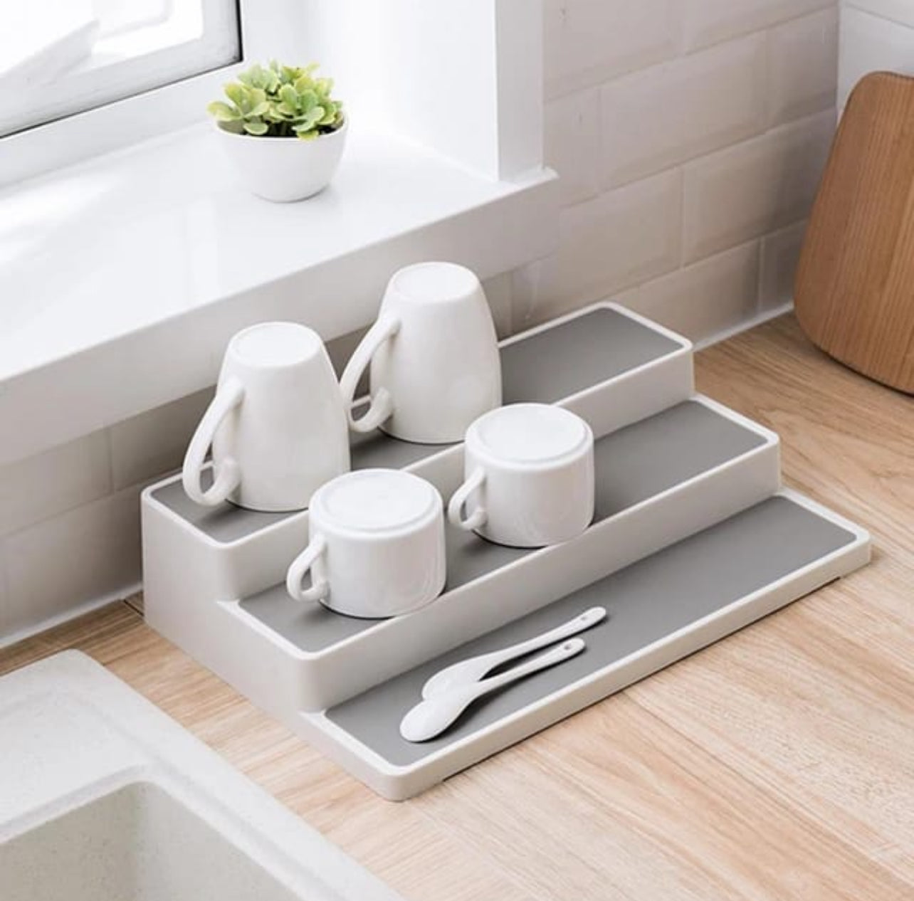 Smart Design 3-Tier Plastic Spice Rack - Non-Slip Lining and Feet - BPA Free - Cupboard, Jars, Cans, Cabinet, Countertop, Pantry, Storage, Kitchen Organizer - White with Gray