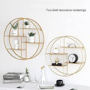 MHome Metal Floating Shelves, Large Round Wall Mounted Shelf, Industrial Gold Hanging Rack for Wall Decor,Storage Holder | for Living Room,Bedroom,Bathroom,Kitchen