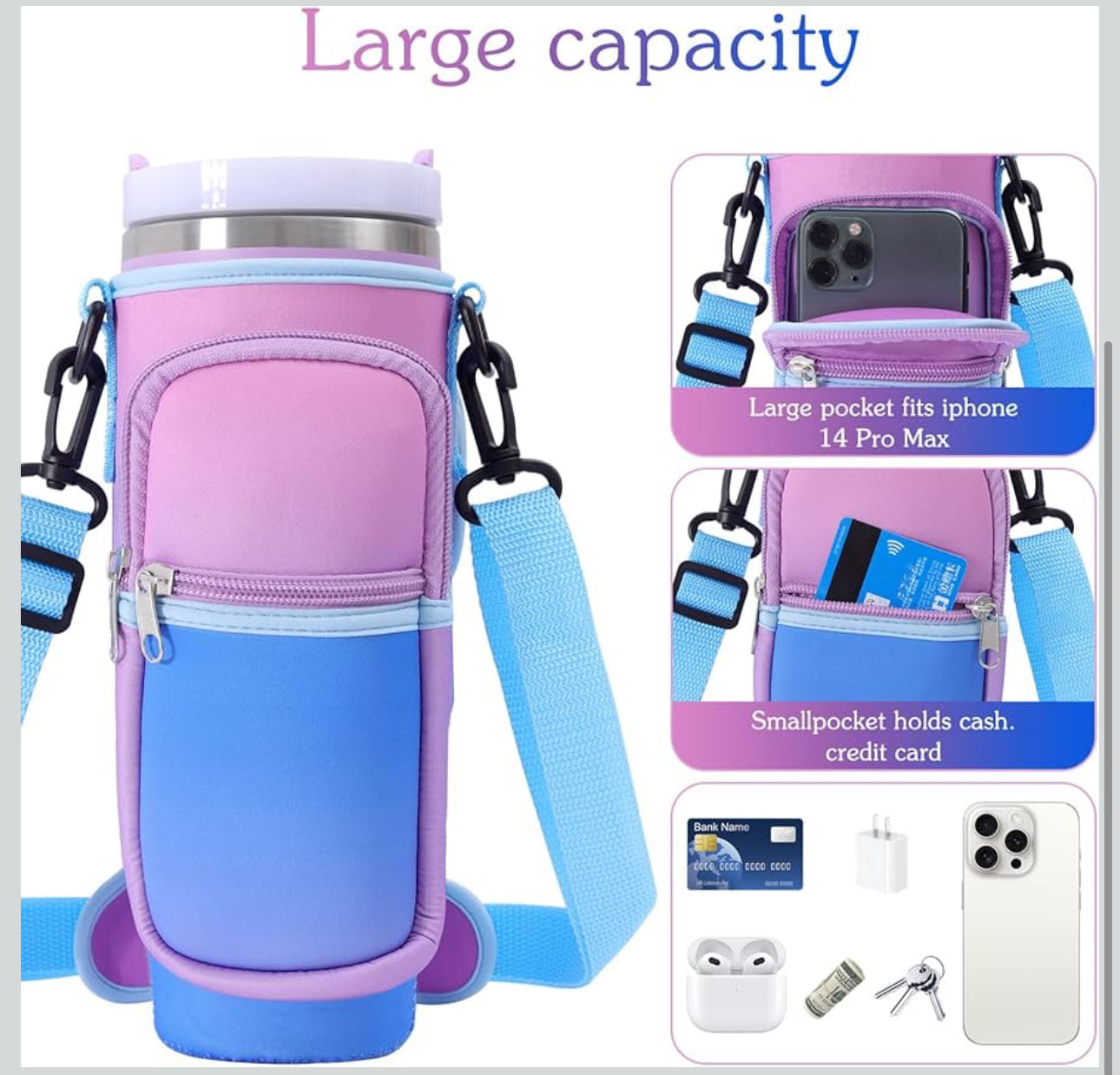 MHome Water Bottle Sleeve Fit All Tumbler with Handle, Water Bottle Holder Bag with Adjustable Shoulder Strap for Hiking Travelling Camping