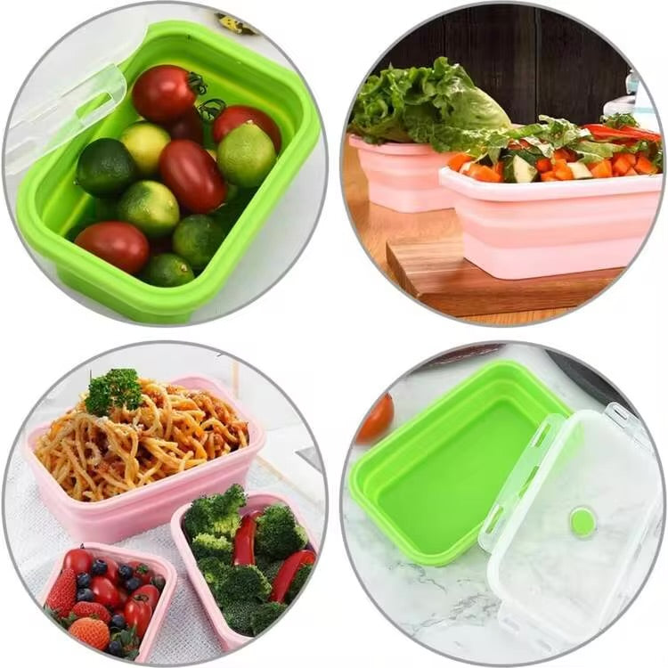 MHome 4pc Foldable Lunch Box, Silicone,With Sealed Lid And Ventilation Valve, Leak-Proof And Easy To Clean