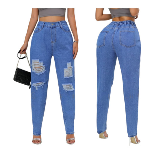 Ladies Sexy High Waist Loose Ripped Denim Jeans